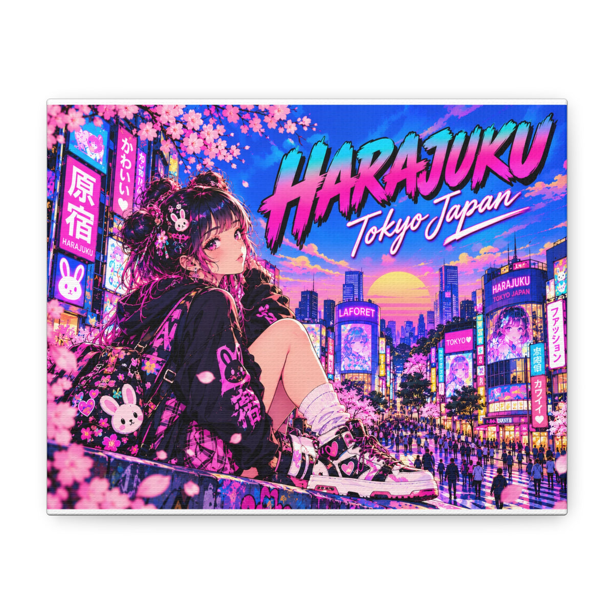 Harajuku Style 13 Neon City Tokyo Anime Girl Matte Canvas Wall Art