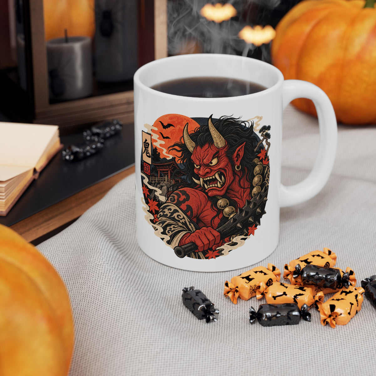 Oni Japanese Yokai Halloween Illustration Mug | Japanese Demon Ceramic Mug