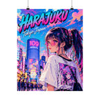 Harajuku Style 9 Neon City Anime Girl Satin Poster — Tokyo Japan Anime Wall Art