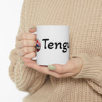 Tengu Mask Halloween inspired Illustration Mug | Japanese Folklore, Maple Leaves, Vintage Crest