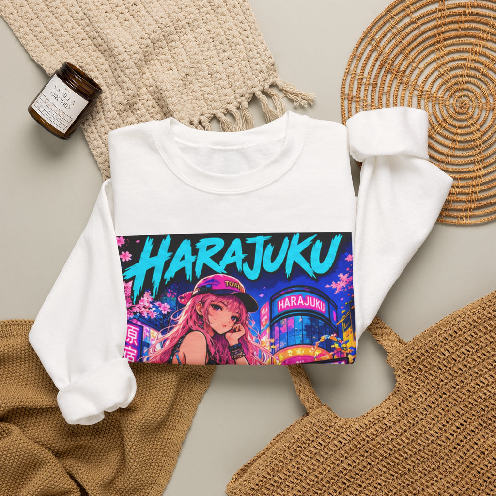 Harajuku Style 2 Neon City Anime Girl Crewneck Sweatshirt — Tokyo Street Anime Graphic