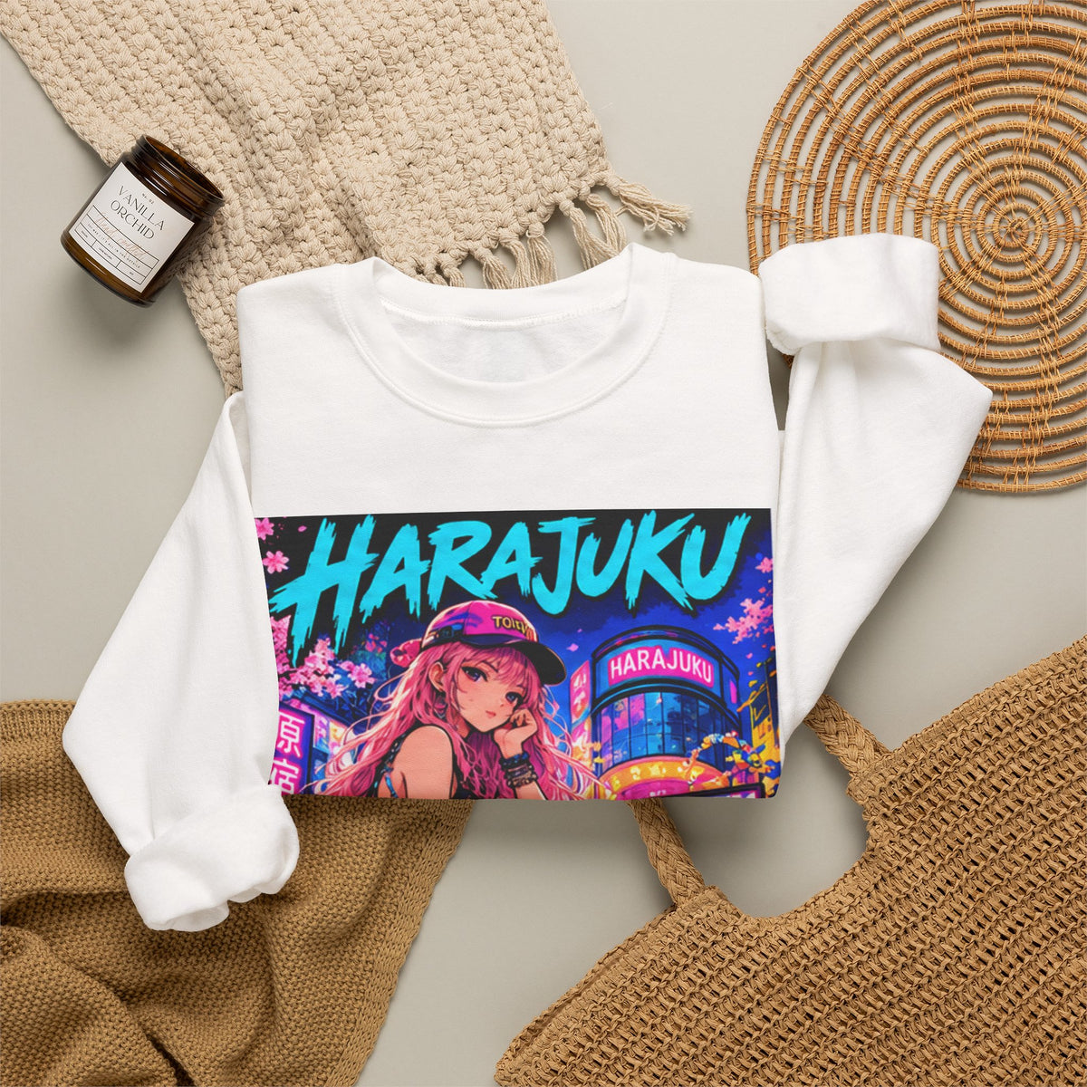 Harajuku Style 2 Neon City Anime Girl Crewneck Sweatshirt — Tokyo Street Anime Graphic