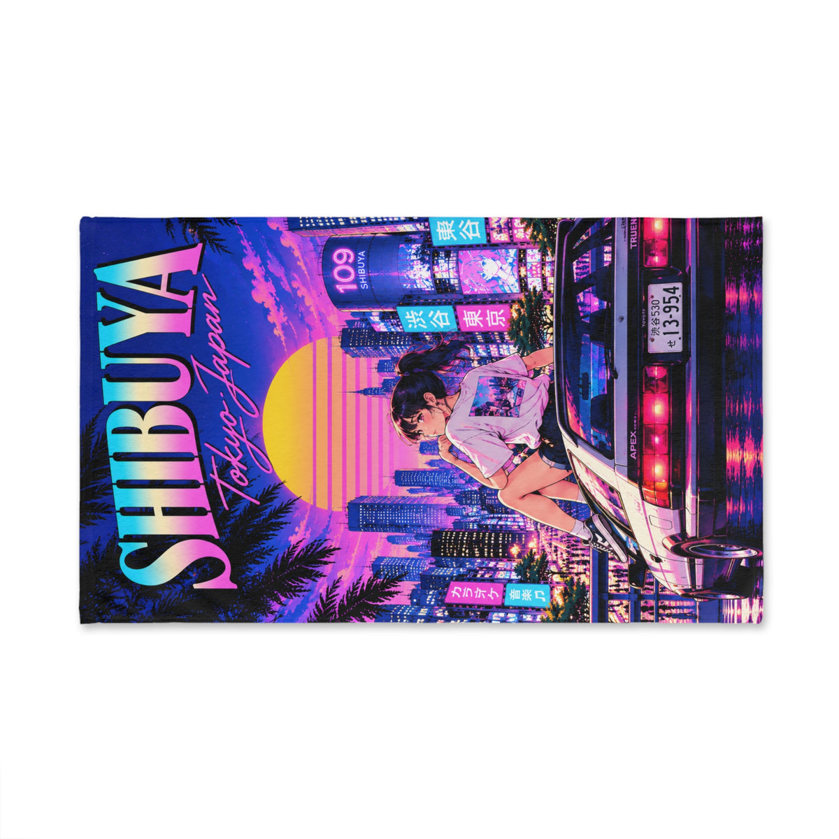 Shibuya Sky 3 City Pop Neon Sunset Hand Towel — Retro Sakura Tokyo Design