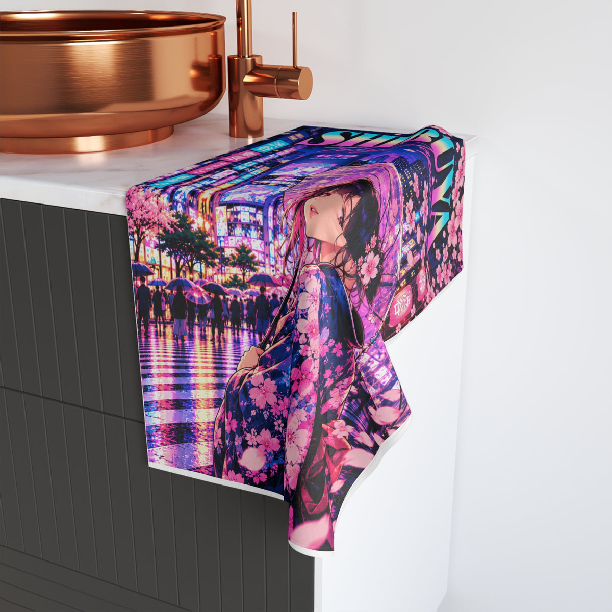 Shibuya Sky 4 City Pop Neon Sunset Hand Towel — Retro Sakura Tokyo Design
