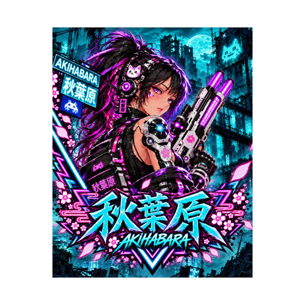 Akihabara Cyberpunk Anime Poster — Neon Teal Matte Vertical Print