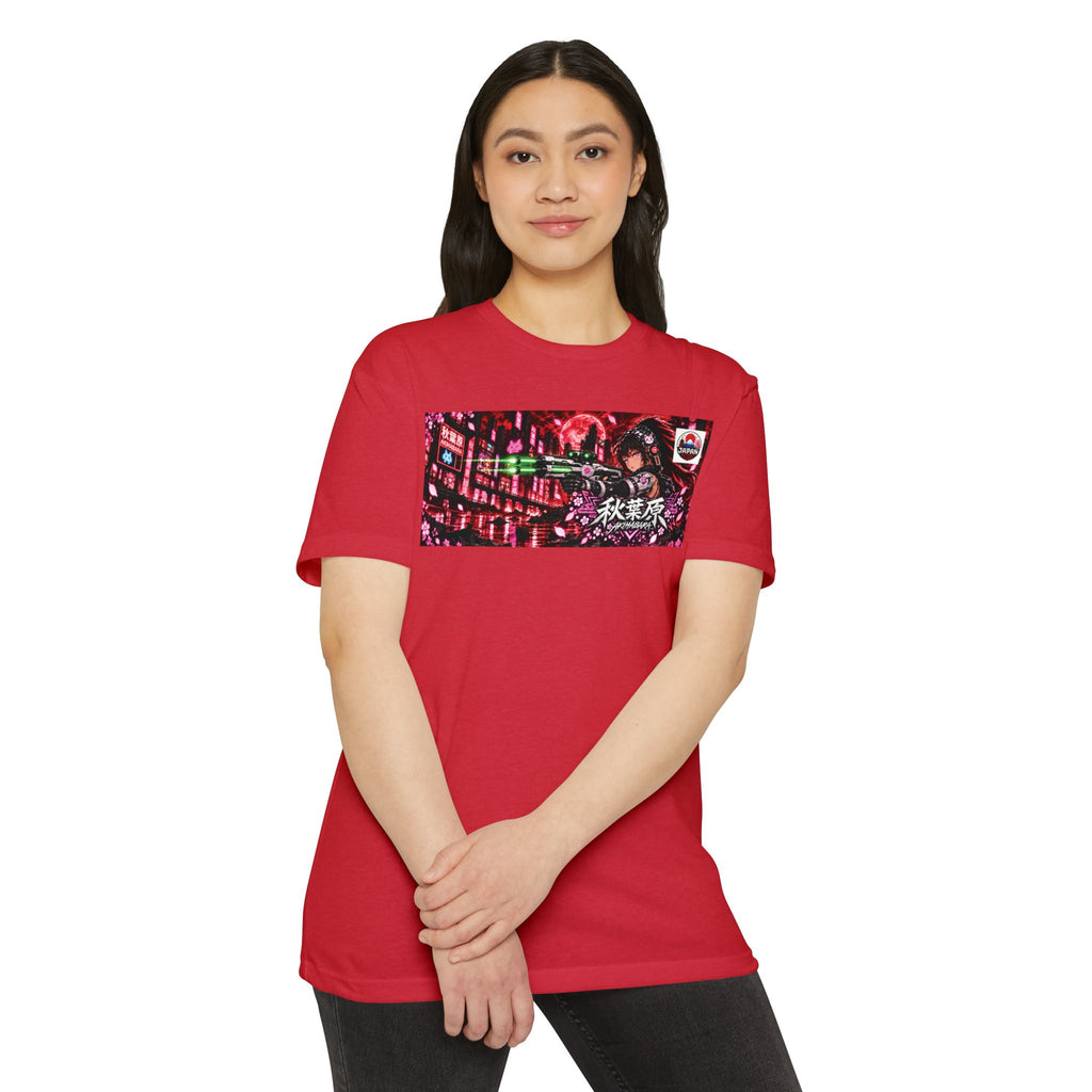 Akihabara Cyborg Sniper T‑Shirt —Red Akihabara Neon City Graphic