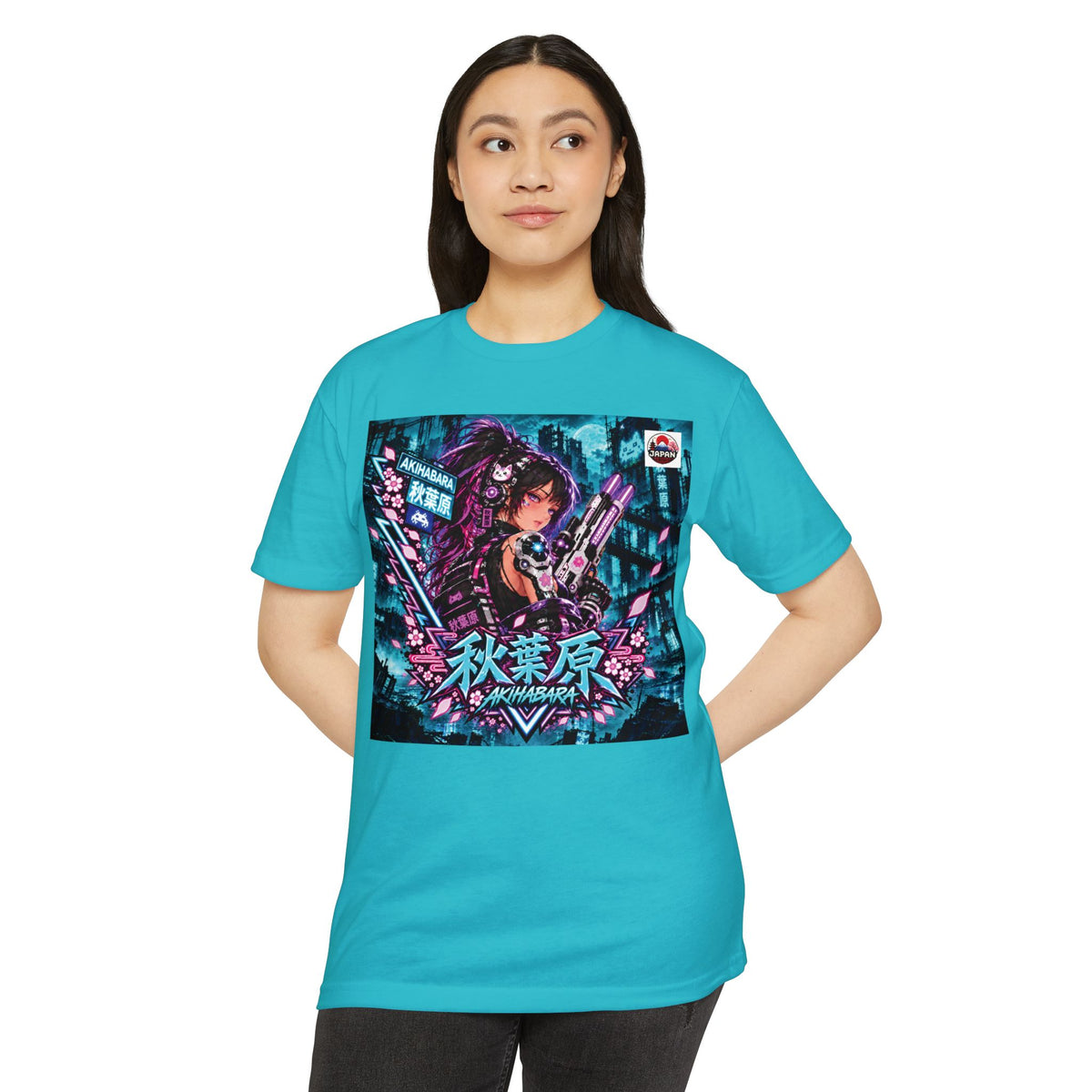 Akihabara Ciberpunk Sniper Girl Anime  T‑Shirt —Teal Akihabara Neon City Graphic