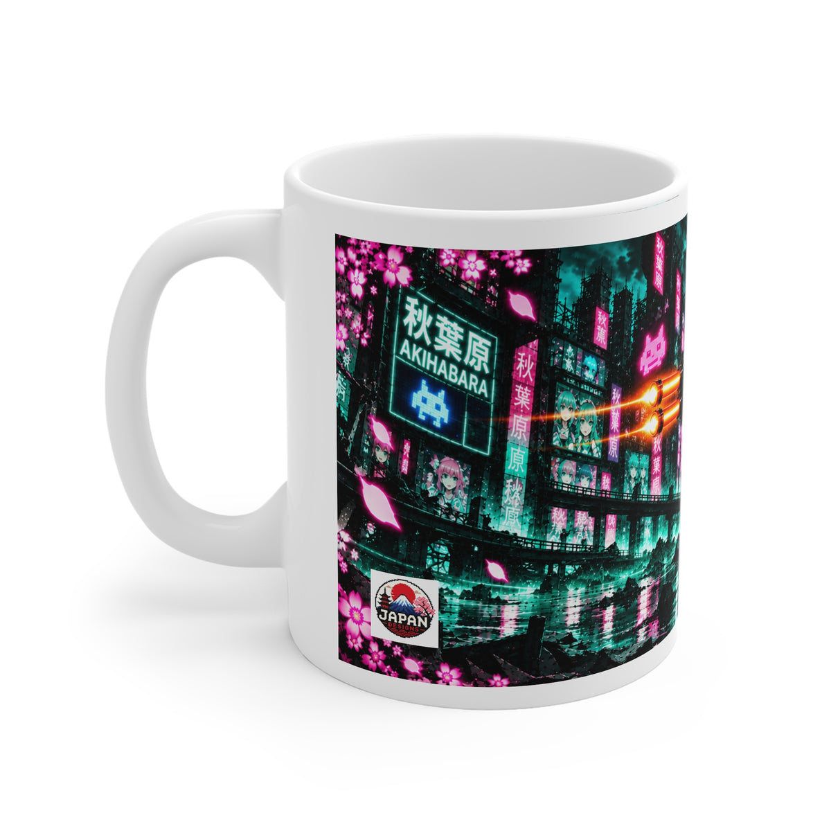 Akihabara Teal Neon City Sniper Girl Mug 11oz Coffee Cup