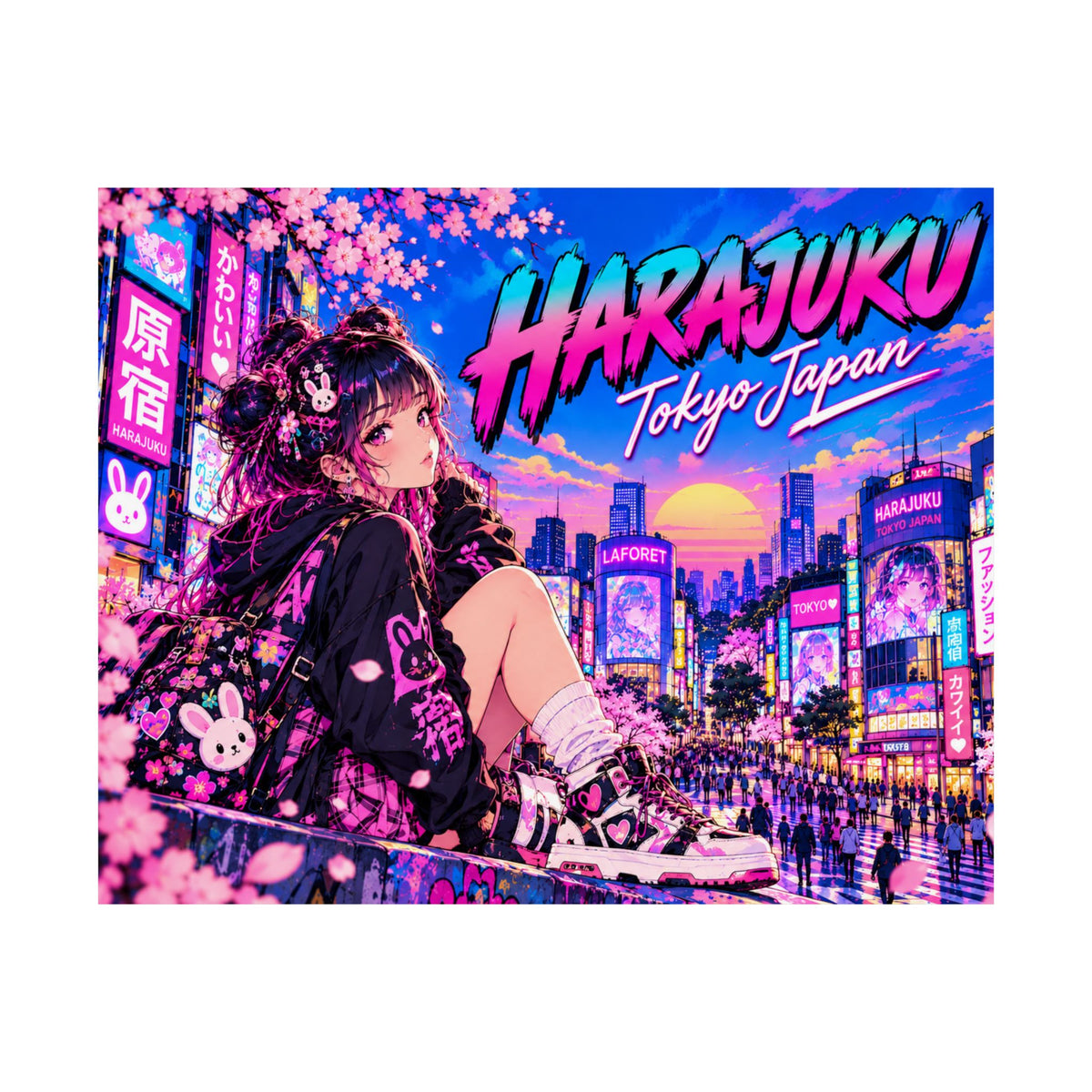 Harajuku Style 13 Neon City Anime Girl Satin Poster — Tokyo Japan Anime Wall Art