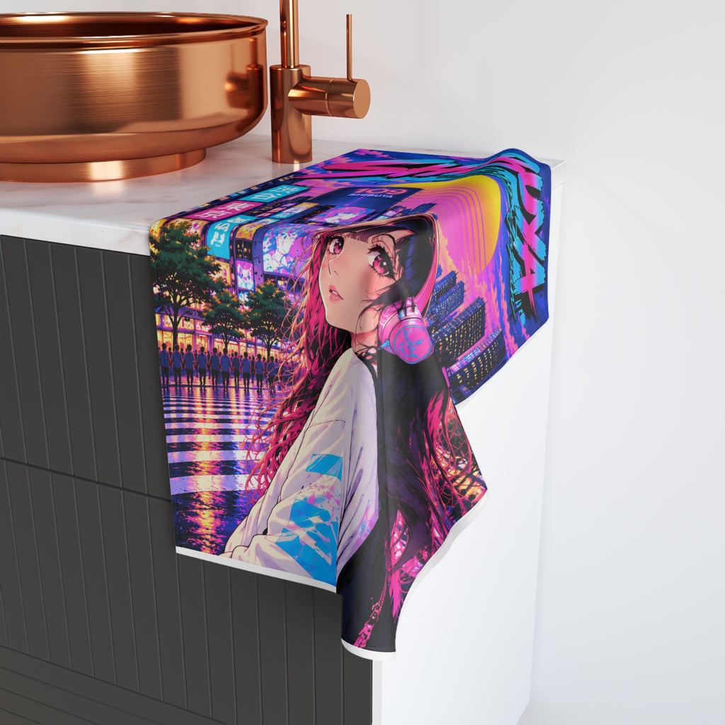 Shibuya Sky 1 City Pop Neon Sunset Hand Towel — Retro Sakura Tokyo Design