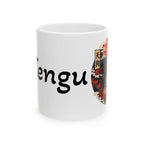 Tengu Mask Halloween inspired Illustration Mug | Japanese Folklore, Maple Leaves, Vintage Crest