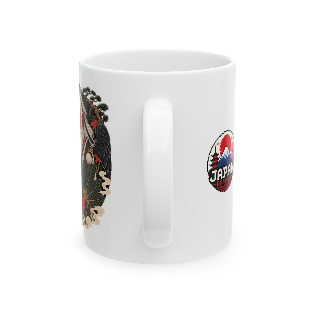 Tengu Mask Halloween inspired Illustration Mug | Japanese Folklore, Maple Leaves, Vintage Crest