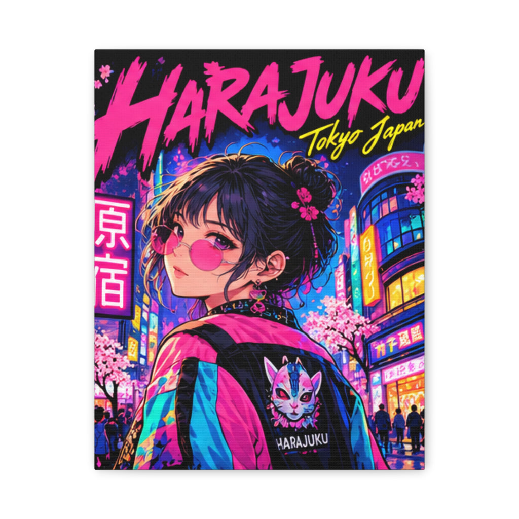 Harajuku Style 1 Neon City Tokyo Anime Girl Matte Canvas Wall Art