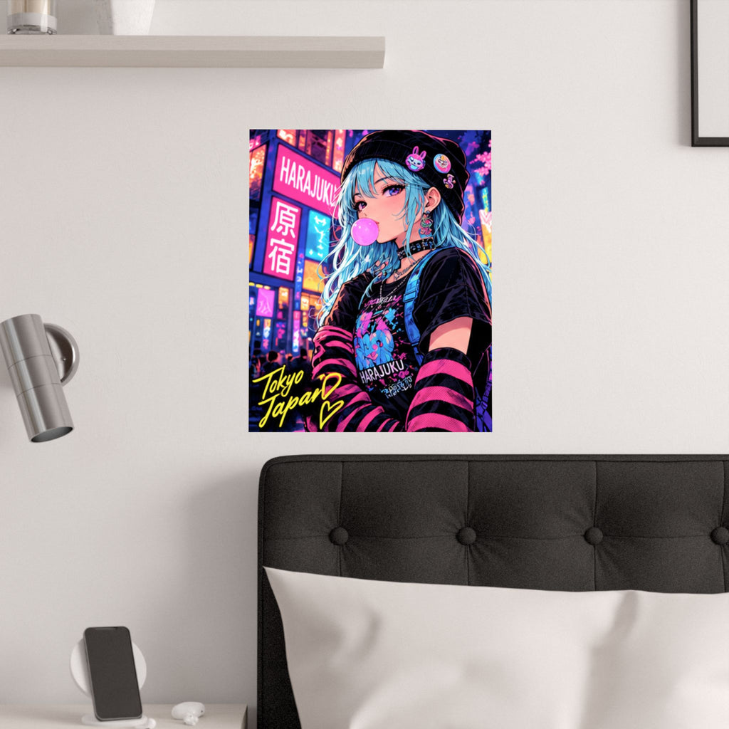Harajuku Style 4 Neon City Anime Girl Satin Poster — Tokyo Japan Anime Wall Art