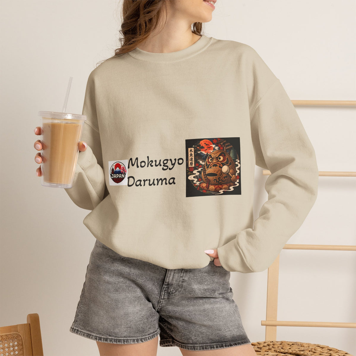 Mokugyo Daruma Yokai Halloween Illustration Crewneck Sweatshirt | Japanese Buddhist Motif
