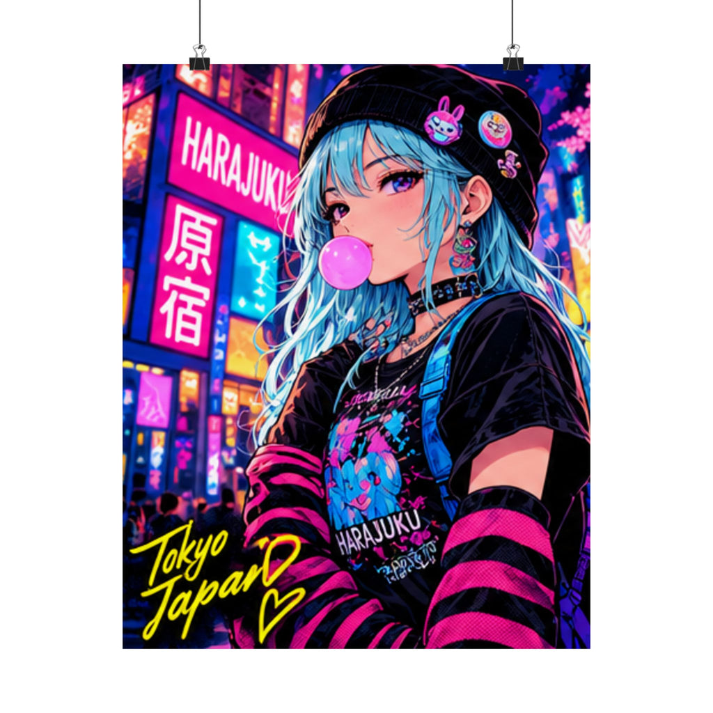 Harajuku Style 4 Neon City Anime Girl Satin Poster — Tokyo Japan Anime Wall Art