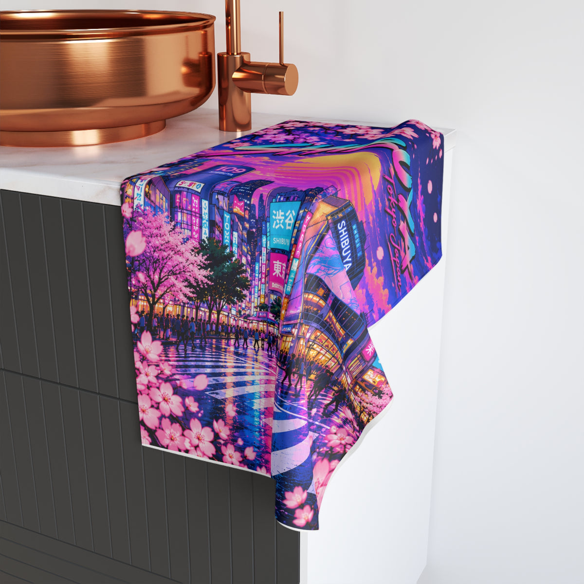 Shibuya Sky 0 City Pop Neon Sunset Hand Towel — Retro Sakura Tokyo Design