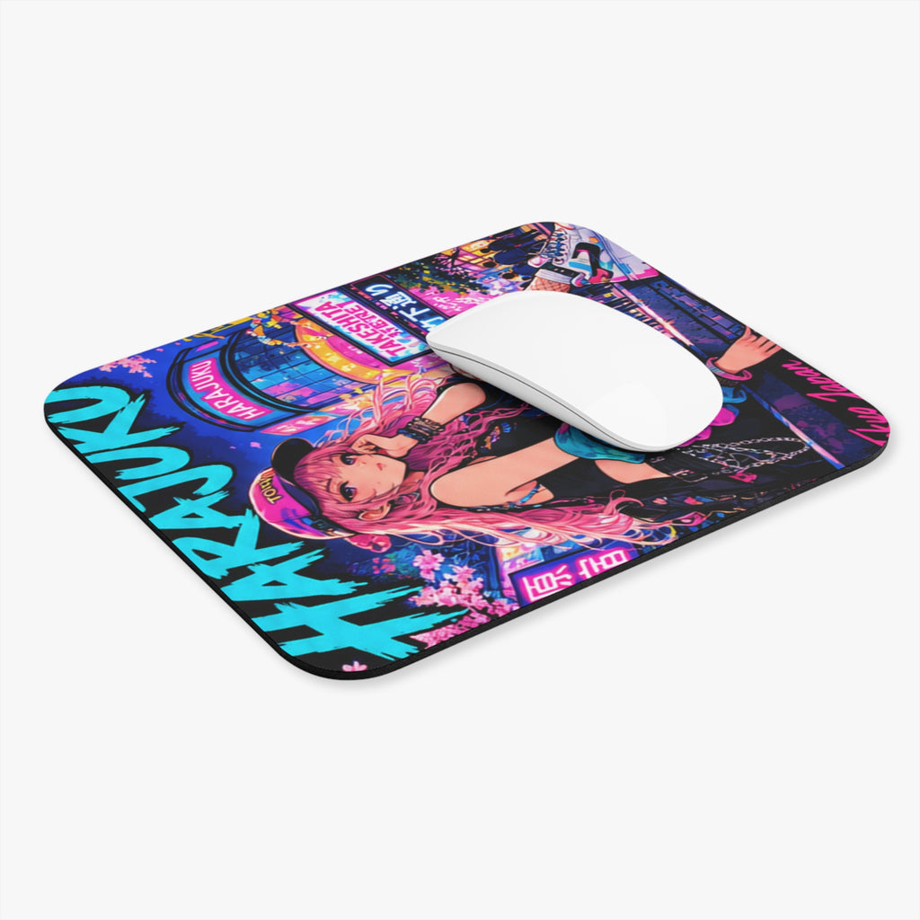 Harajuku Style 2 Neon City Anime Girl Mouse Pad — Retro Tokyo Anime Desk Mat