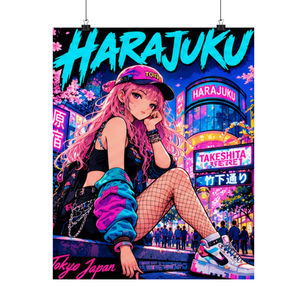 Harajuku Style 2 Neon City Anime Girl Satin Poster — Tokyo Japan Anime Wall Art