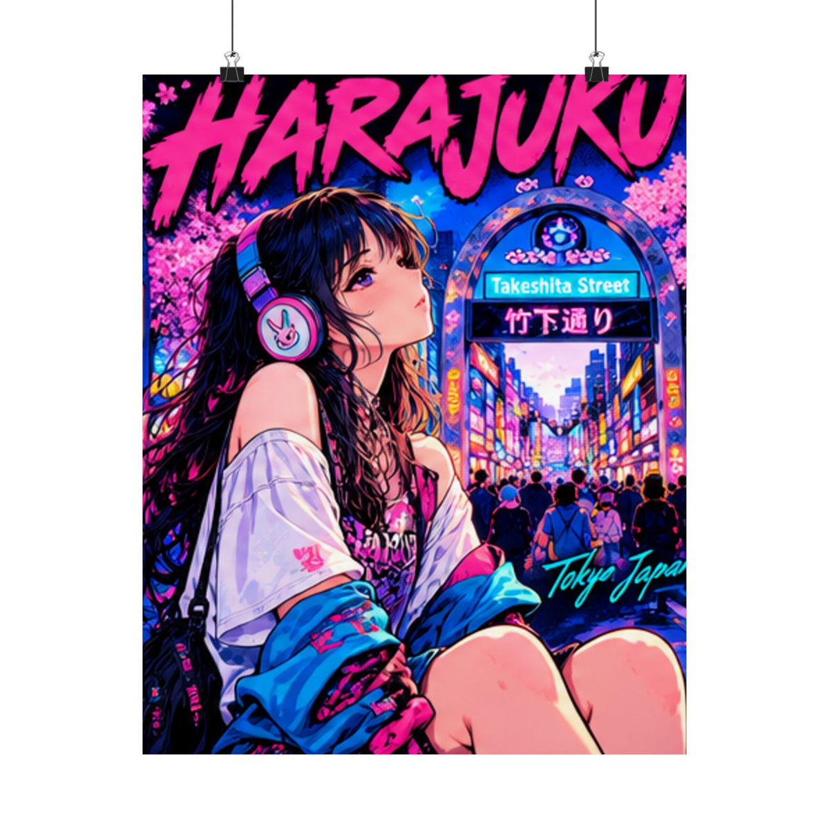 Harajuku Style 5 Neon City Anime Girl Satin Poster — Tokyo Japan Anime Wall Art