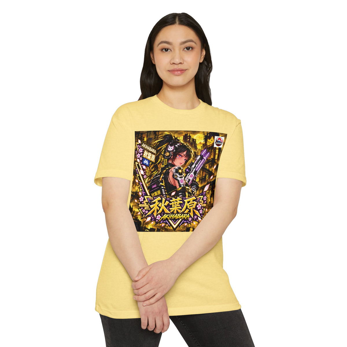 Anime Cyberpunk T‑Shirt —Yellow Akihabara Neon Girl Graphic