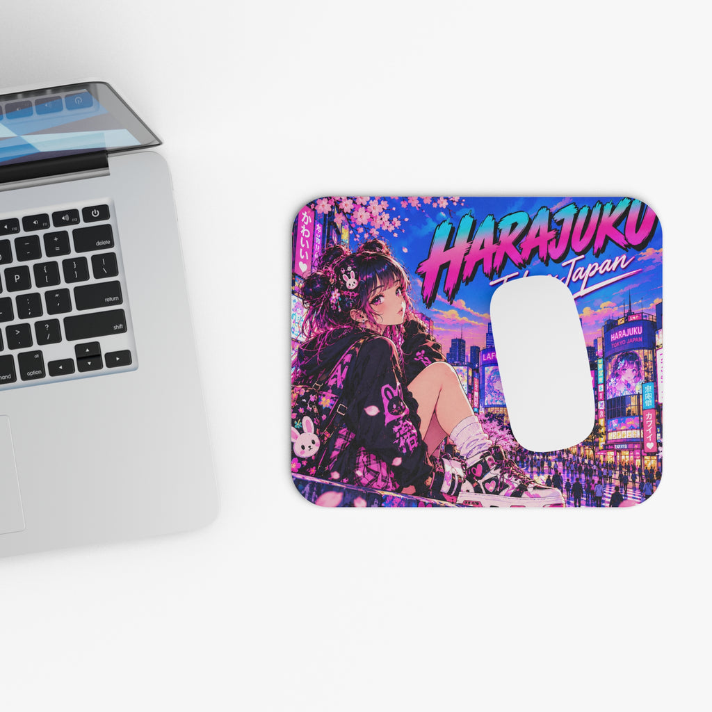 Harajuku Style 13 Neon City Anime Girl Mouse Pad — Retro Tokyo Anime Desk Mat