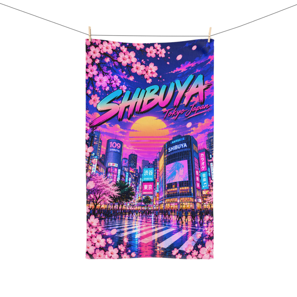 Shibuya Sky 0 City Pop Neon Sunset Hand Towel — Retro Sakura Tokyo Design
