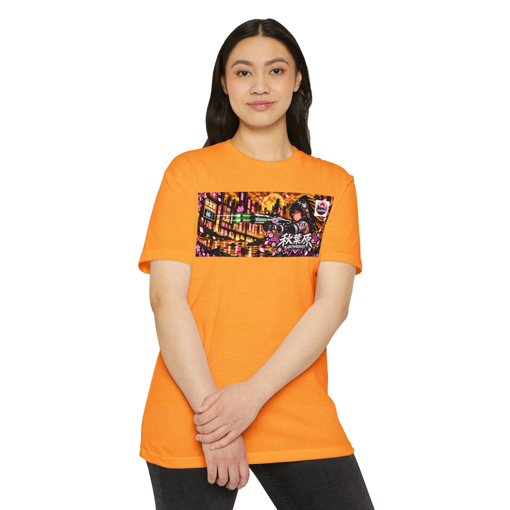 Akihabara Cyborg Sniper T‑Shirt —Orange Akihabara Neon City Graphic