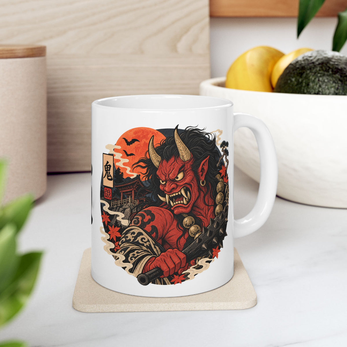 Oni Japanese Yokai Halloween Illustration Mug | Japanese Demon Ceramic Mug