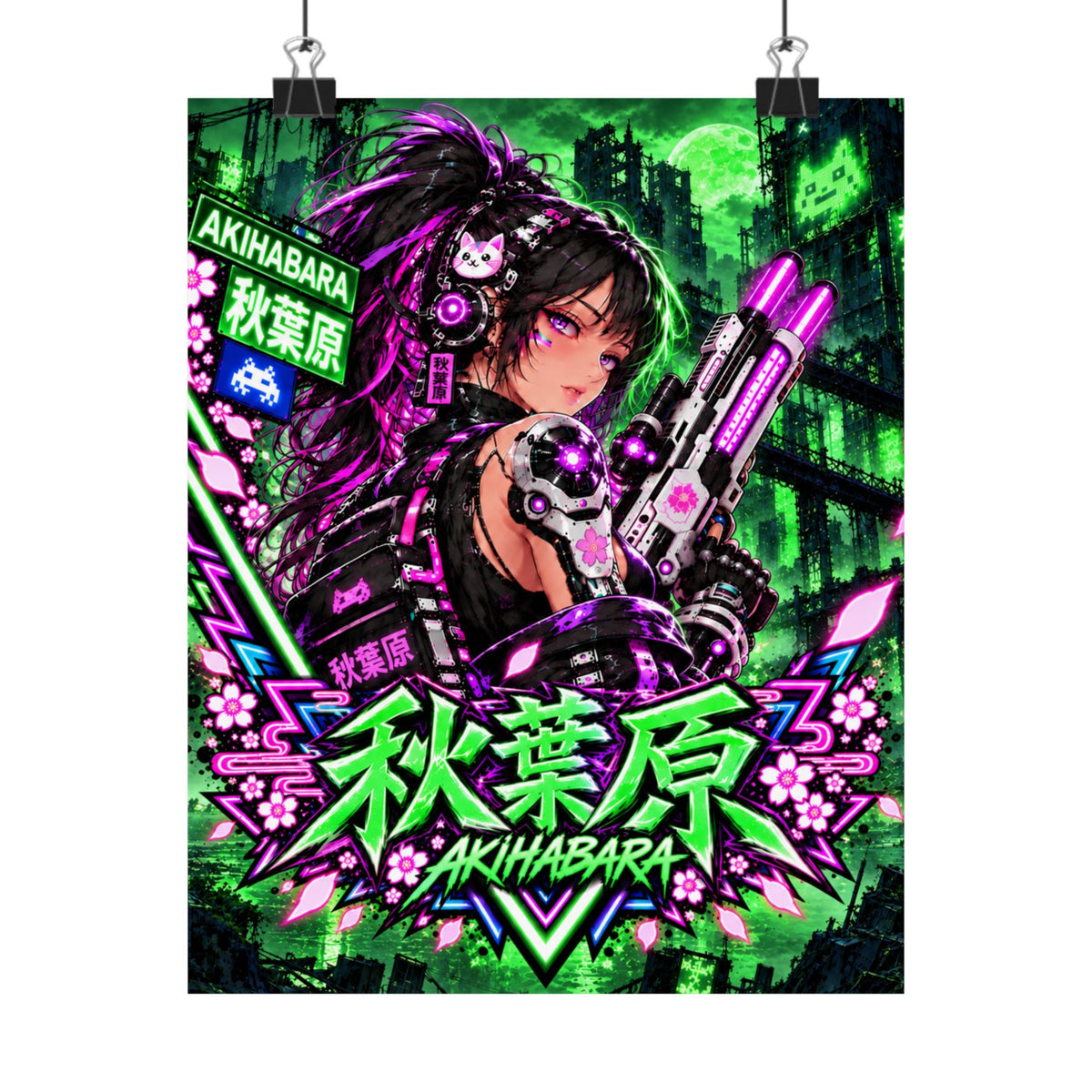 Akihabara Cyberpunk Anime Poster — Neon Green & Pink Matte Vertical Print
