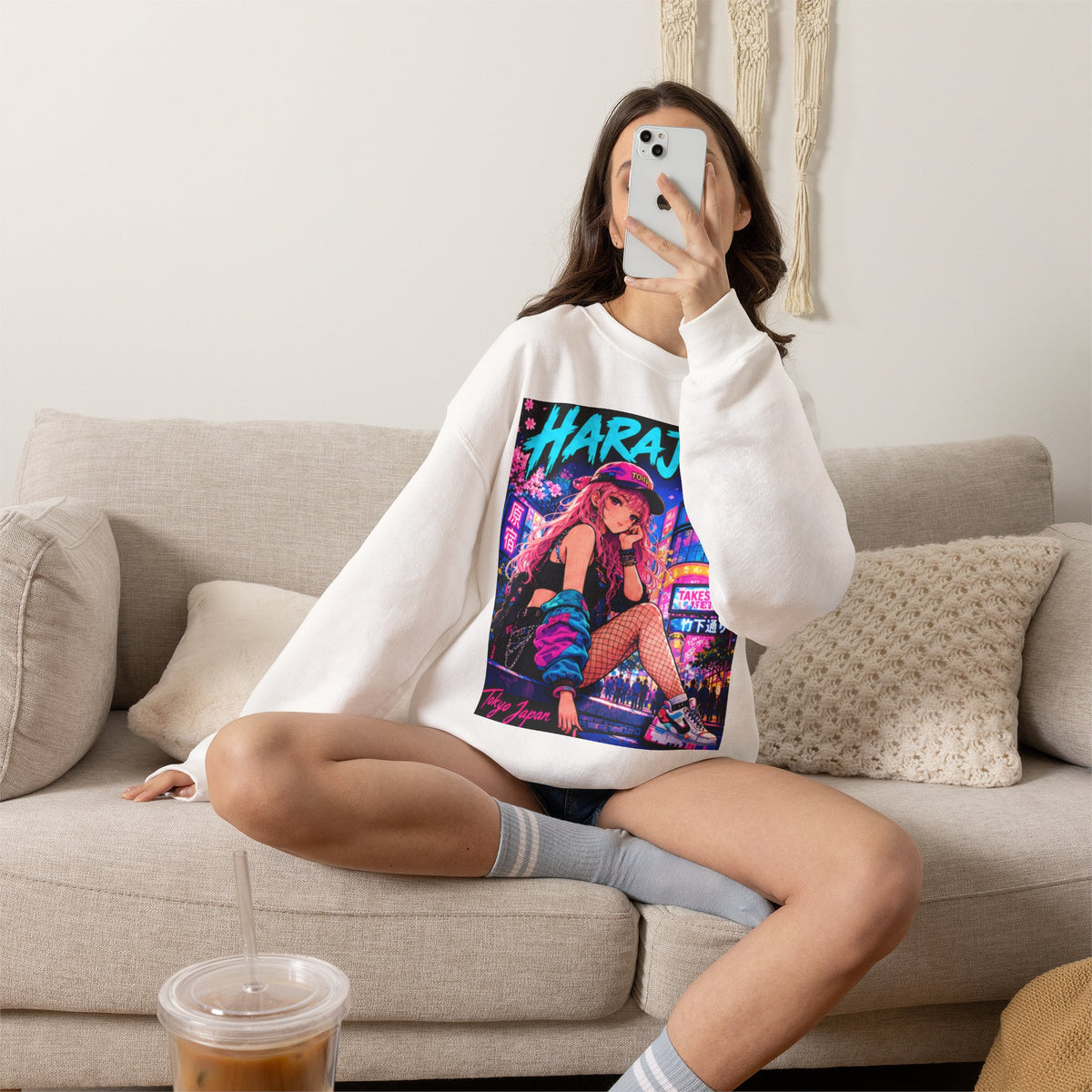 Harajuku Style 2 Neon City Anime Girl Crewneck Sweatshirt — Tokyo Street Anime Graphic