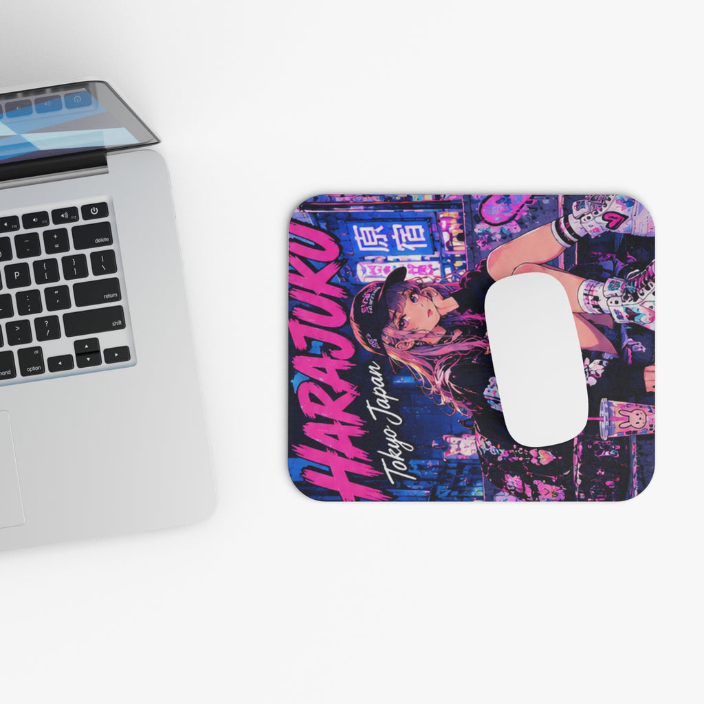 Harajuku Style 8 Neon City Anime Girl Mouse Pad — Retro Tokyo Anime Desk Mat