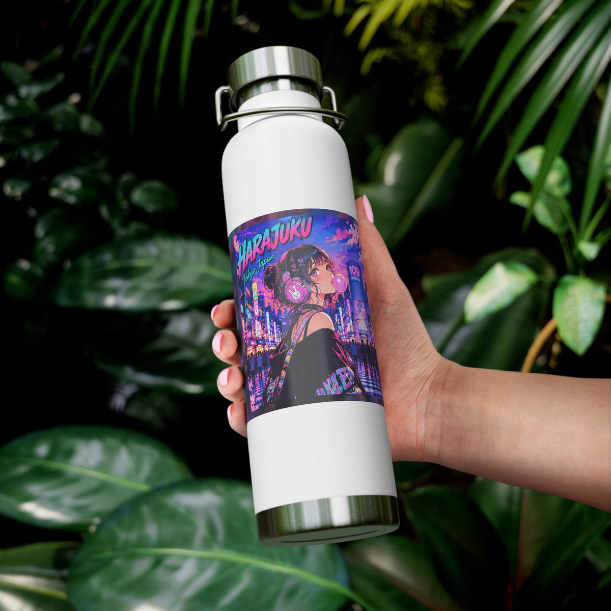 Harajuku Style 5 Neon City Anime Girl Water Bottle — 22oz Copper Vacuum Insulated