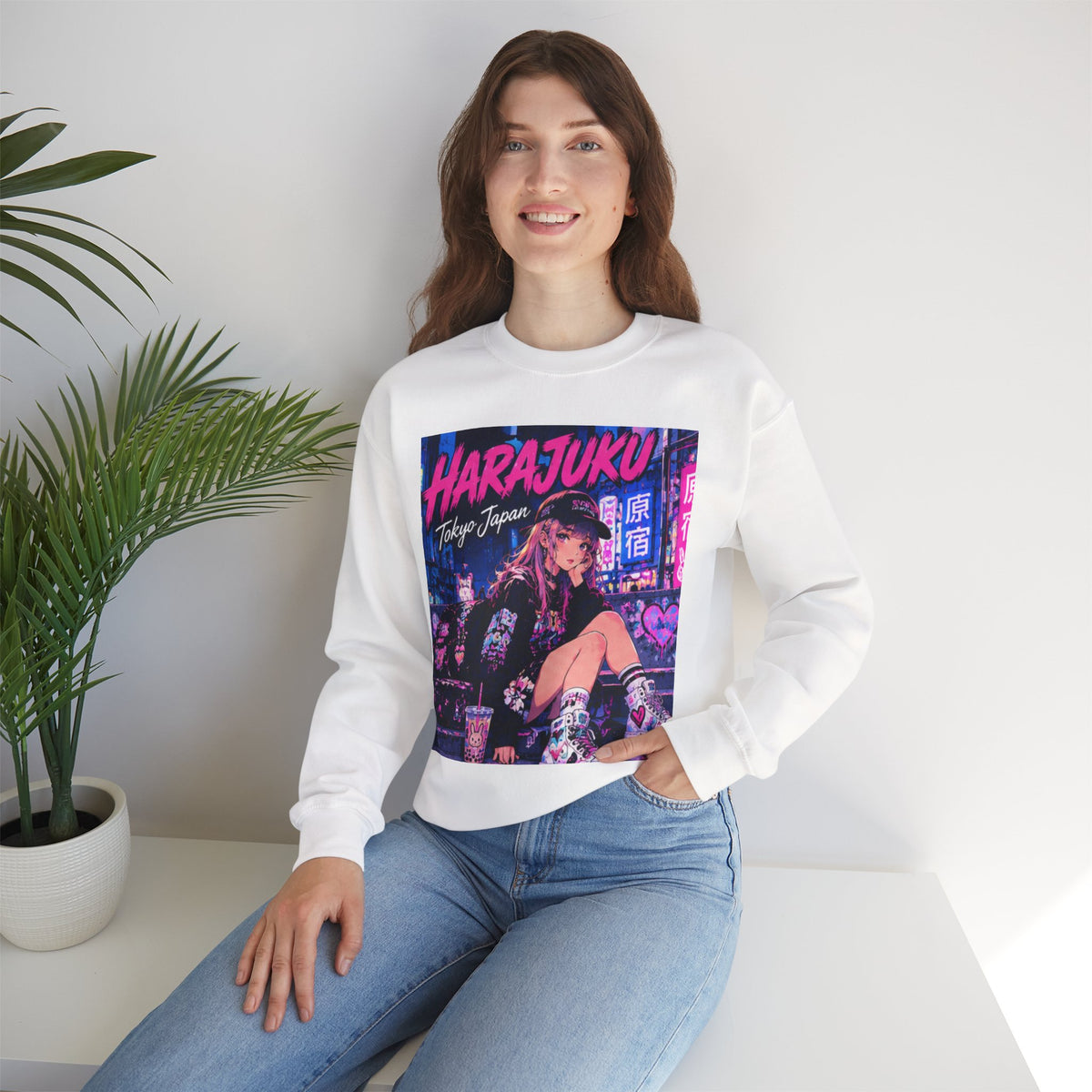 Harajuku Style 8 Neon City Anime Girl Crewneck Sweatshirt — Tokyo Street Anime Graphic
