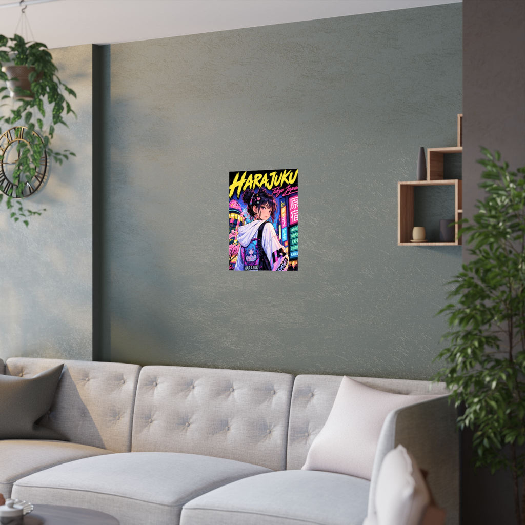 Harajuku Style 3 Neon City Anime Girl Satin Poster — Tokyo Japan Anime Wall Art