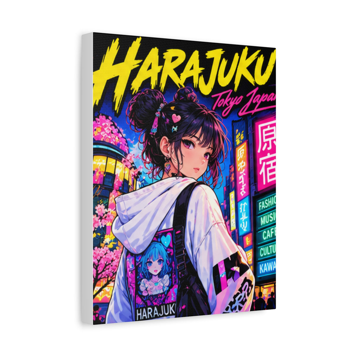 Harajuku Style 3 Neon City Tokyo Anime Girl Matte Canvas Wall Art