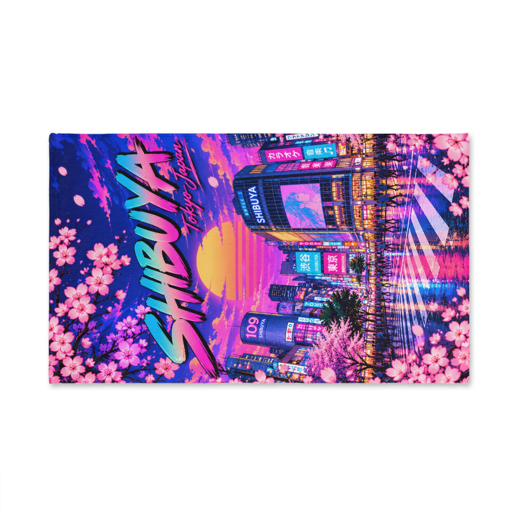 Shibuya Sky 0 City Pop Neon Sunset Hand Towel — Retro Sakura Tokyo Design