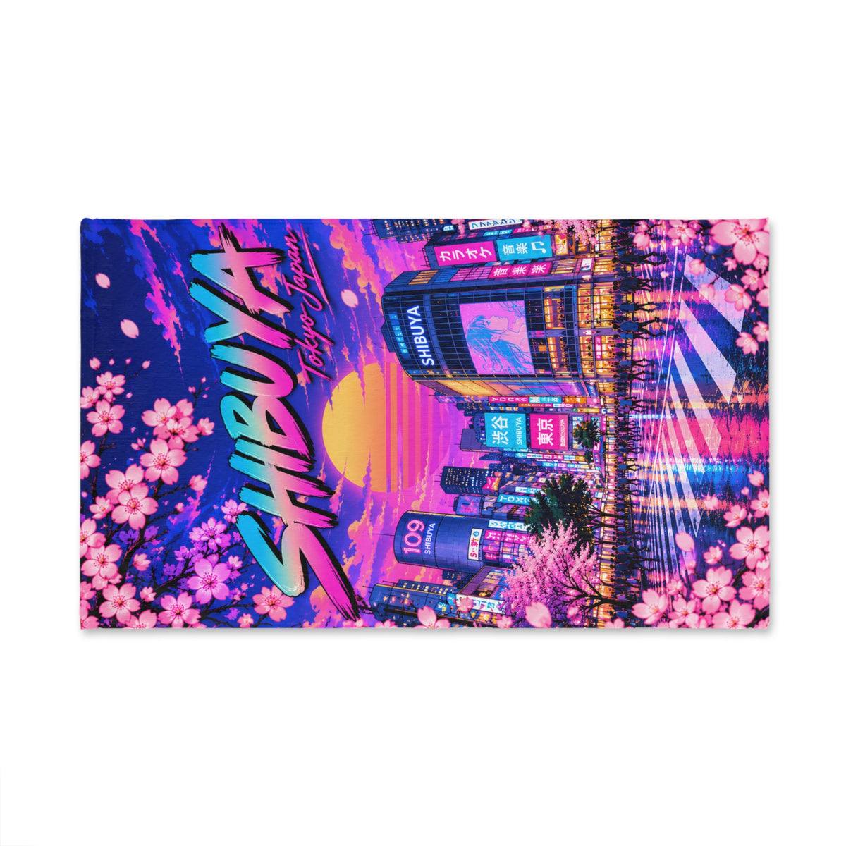 Shibuya Sky 0 City Pop Neon Sunset Hand Towel — Retro Sakura Tokyo Design