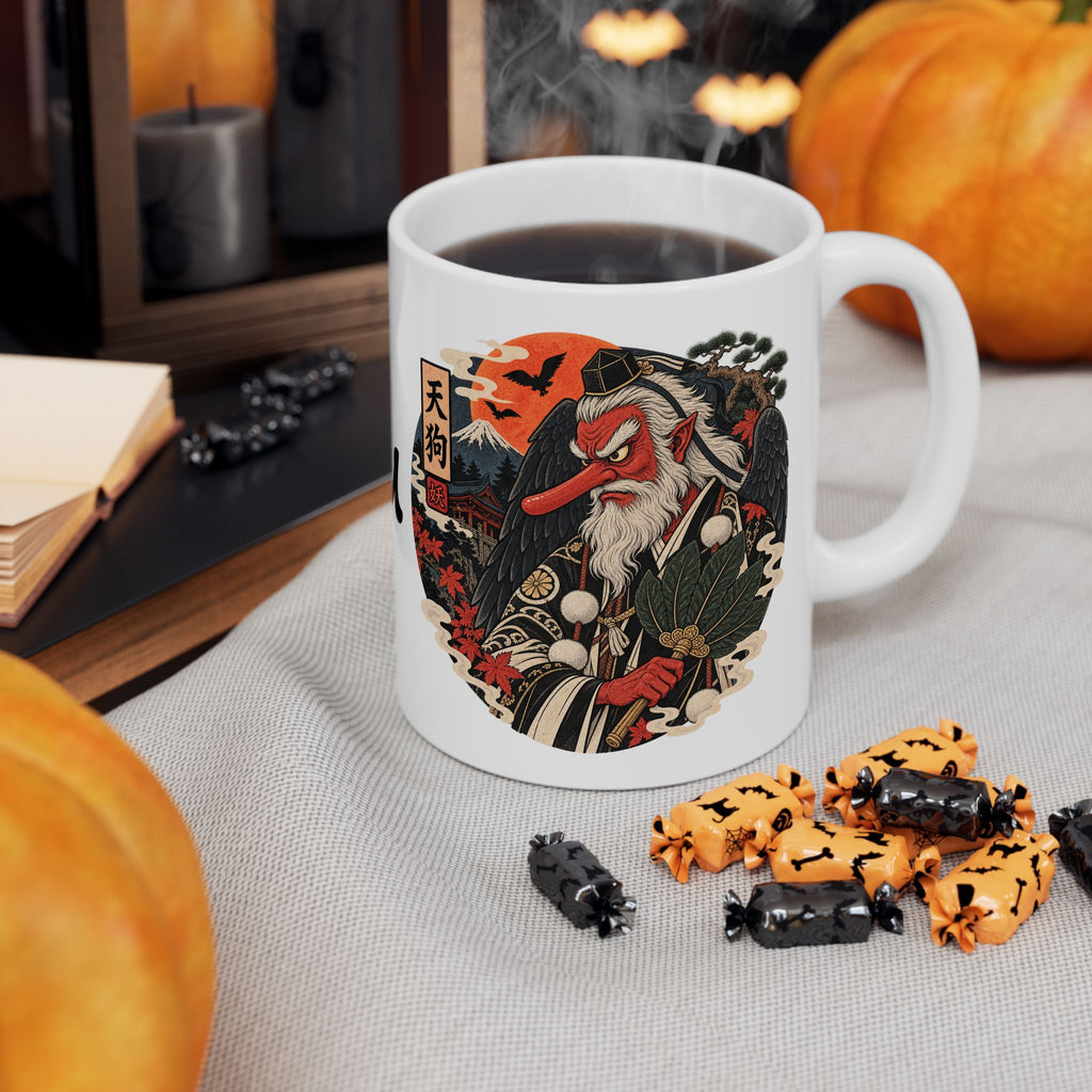 Tengu Mask Halloween inspired Illustration Mug | Japanese Folklore, Maple Leaves, Vintage Crest
