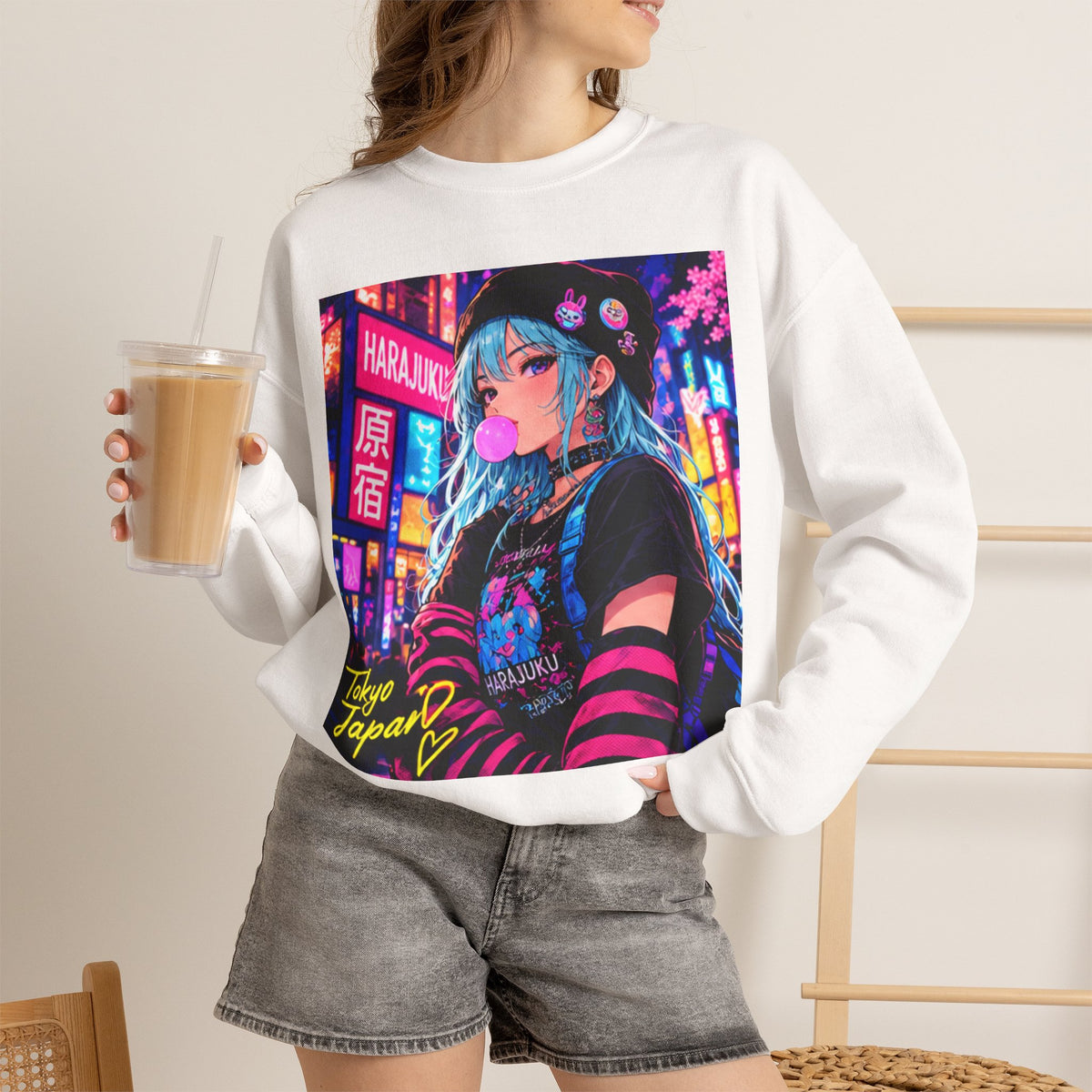 Harajuku Style 4 Neon City Anime Girl Crewneck Sweatshirt — Tokyo Street Anime Graphic