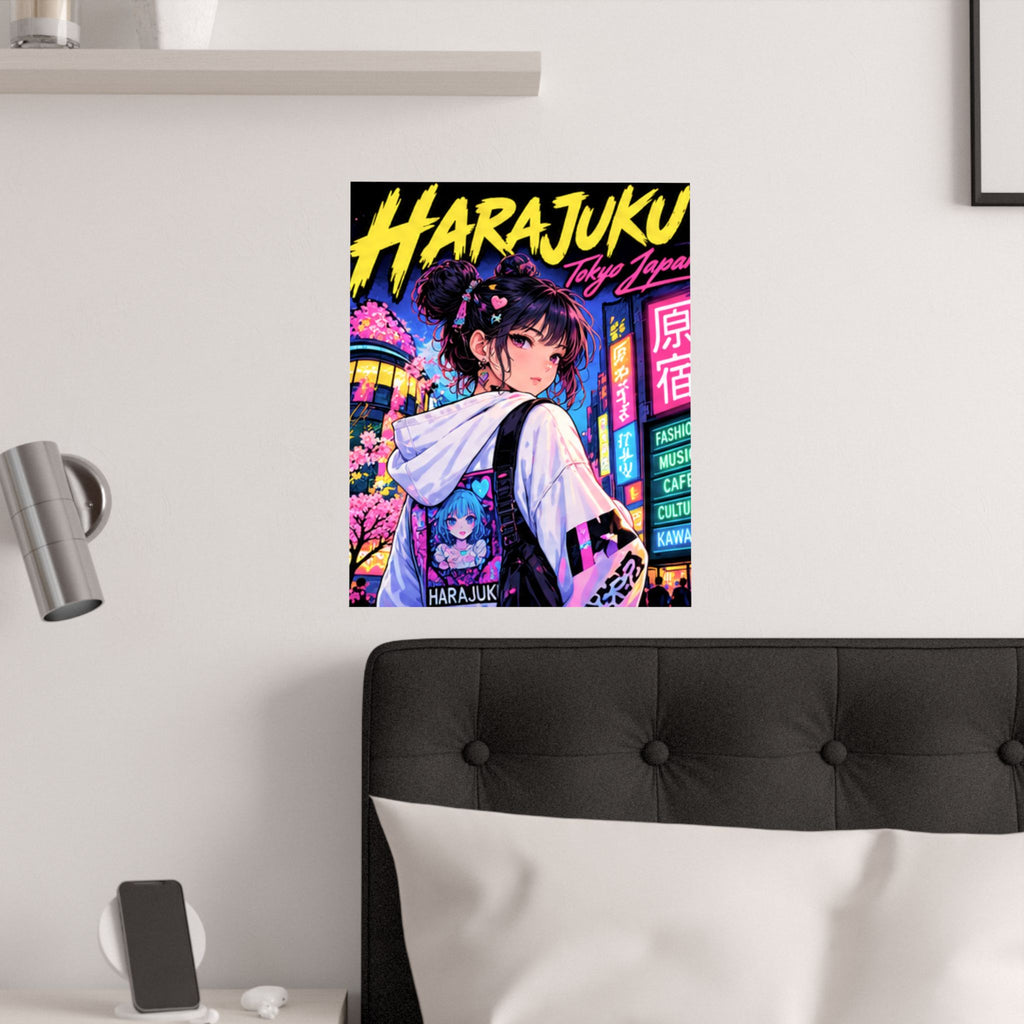 Harajuku Style 3 Neon City Anime Girl Satin Poster — Tokyo Japan Anime Wall Art