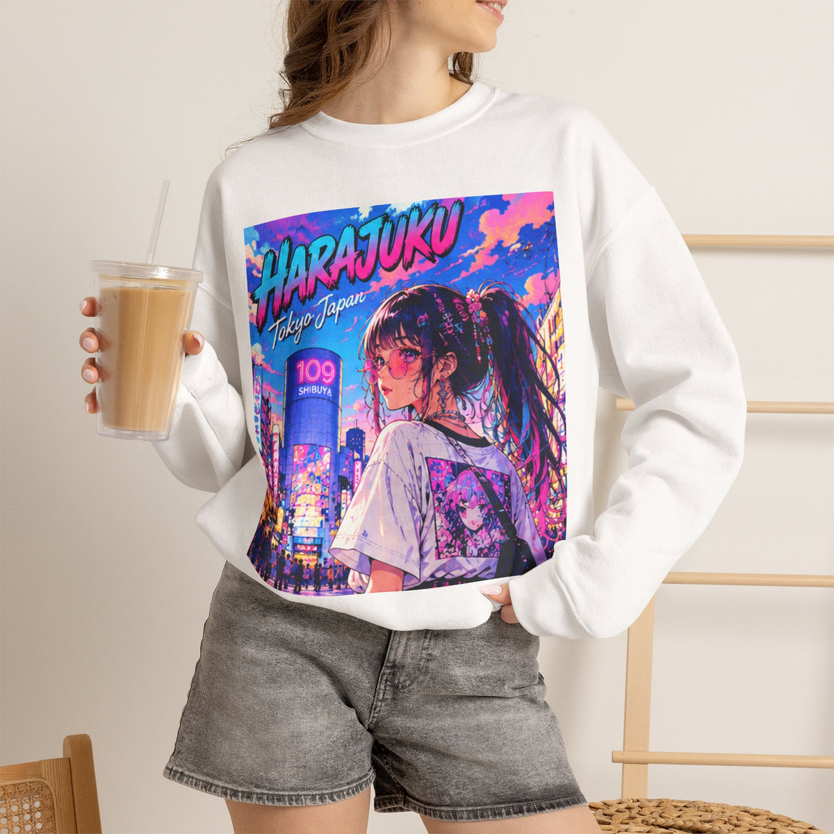 Harajuku Style 9 Neon City Anime Girl Crewneck Sweatshirt — Tokyo Street Anime Graphic