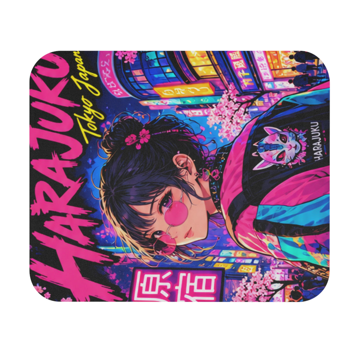 Harajuku Style 1 Neon City Anime Girl Mouse Pad — Retro Tokyo Anime Desk Mat