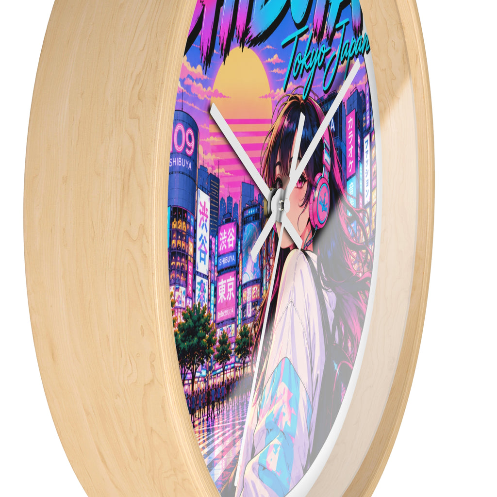 Shibuya Sky 1 city pop Neon Anime Wall Clock — Retro Tokyo Sunset Design