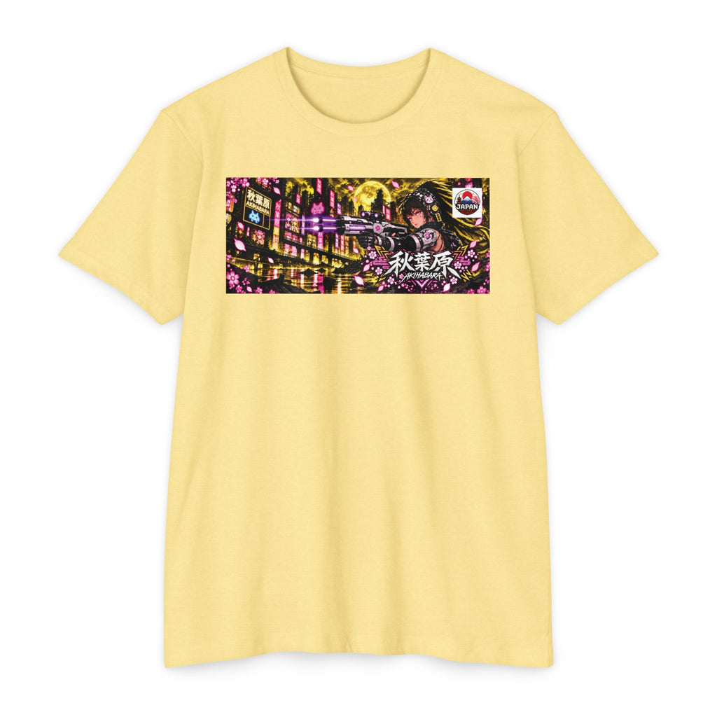 Akihabara Cyborg Sniper T‑Shirt —Yellow Akihabara Neon City Graphic