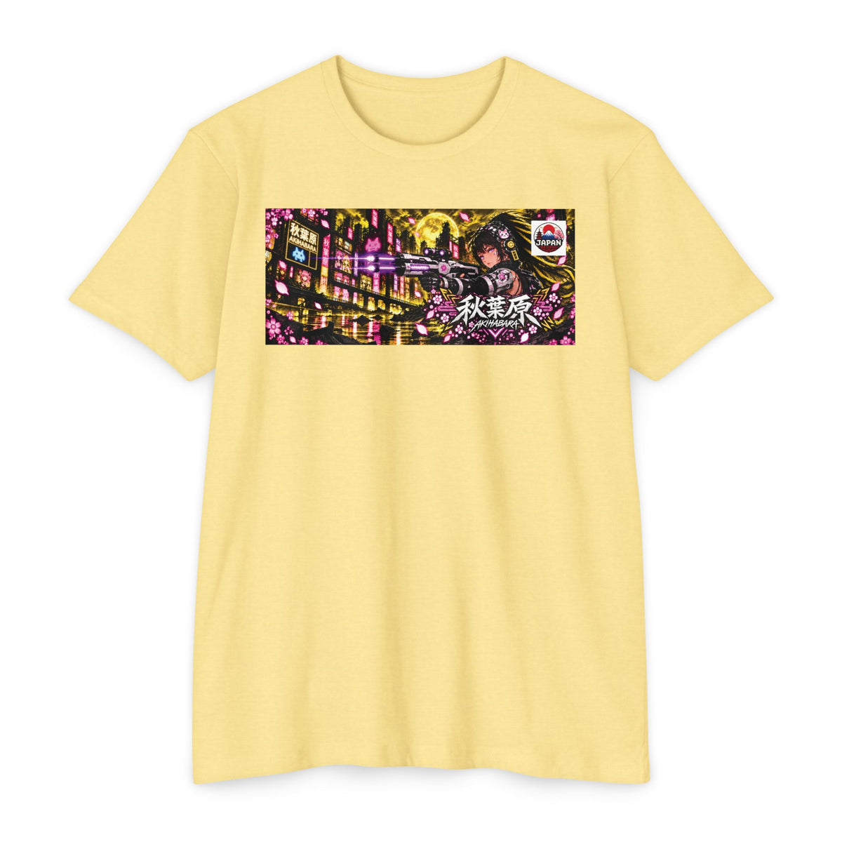Akihabara Cyborg Sniper T‑Shirt —Yellow Akihabara Neon City Graphic