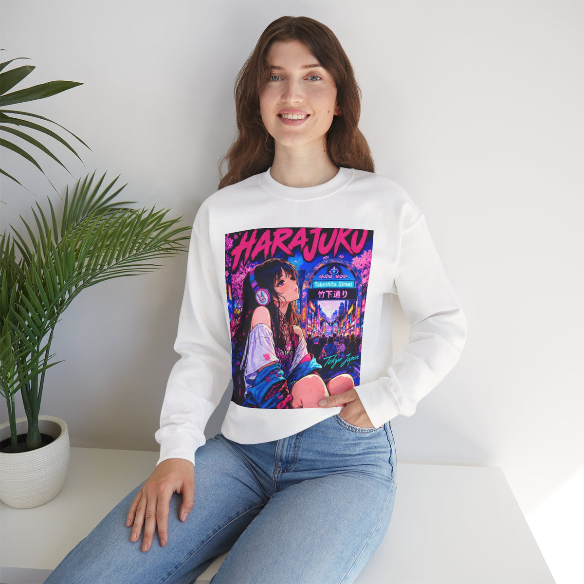 Harajuku Style 5 Neon City Anime Girl Crewneck Sweatshirt — Tokyo Street Anime Graphic