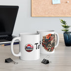 Tengu Mask Halloween inspired Illustration Mug | Japanese Folklore, Maple Leaves, Vintage Crest