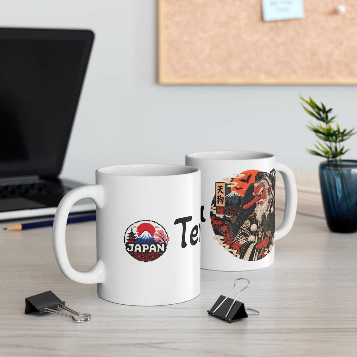 Tengu Mask Halloween inspired Illustration Mug | Japanese Folklore, Maple Leaves, Vintage Crest