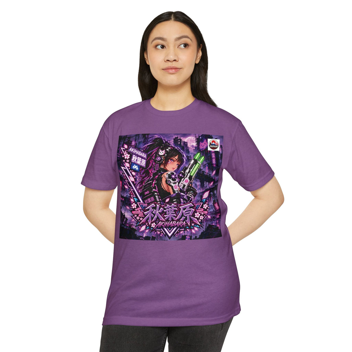 Akihabara Cyberpunk Sniper Girl T‑Shirt —Purple Akihabara Neon City Graphic